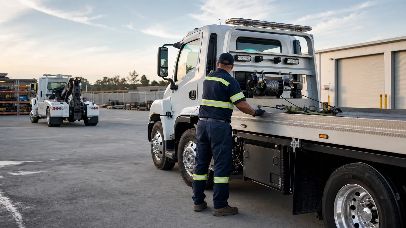 Towing operator checking winch cable and tie-down equipment on a modern rollback truck in an organized fleet yard